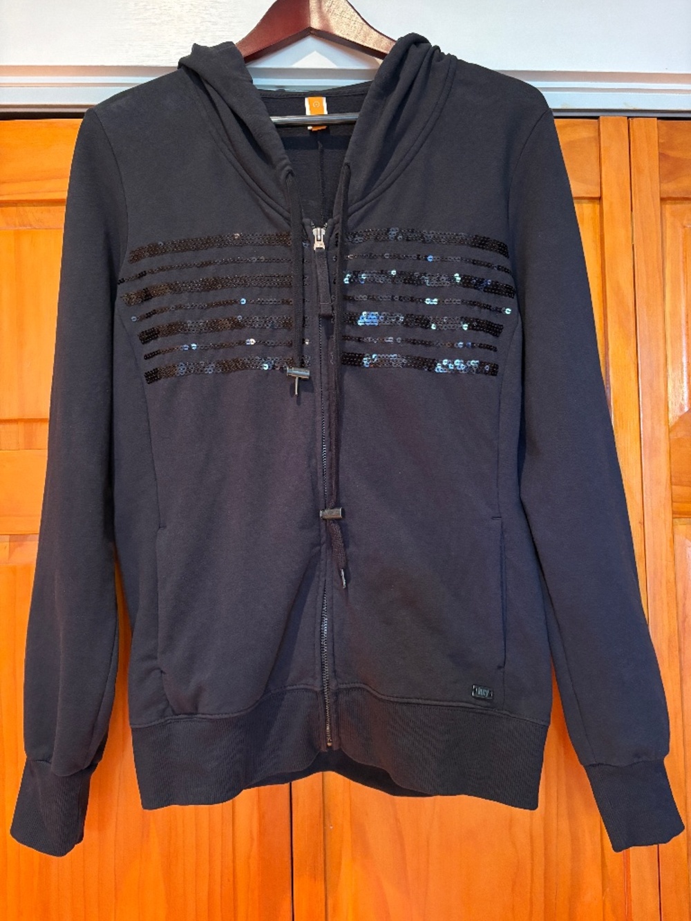 Lucy Sequin Zippered Hoodie Sweatshirt in Black Size Large with Pockets
